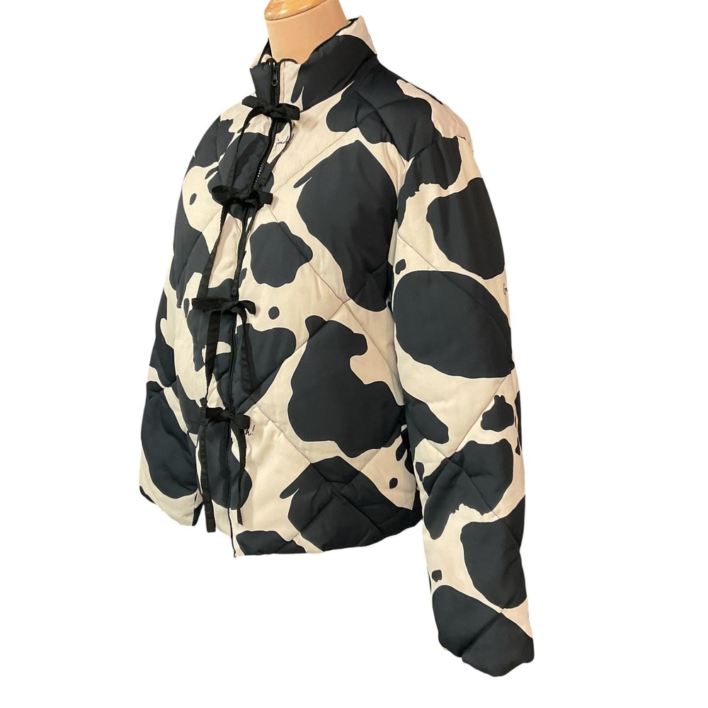 Lisa Says Gah Women's Cow-Printed Bows Long Sleeve Puffer Jacket Sz Small VHTF - Picture 3 of 9
